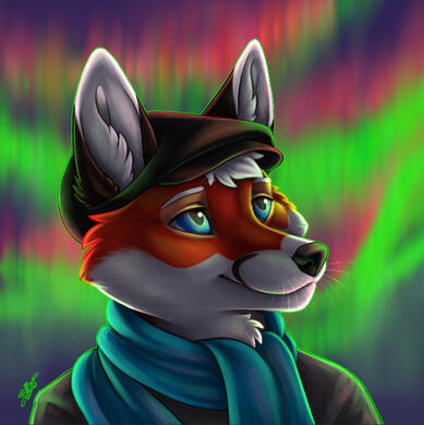 Red fox wearing a flatcap hat and scarf surrounded by an aura borealis